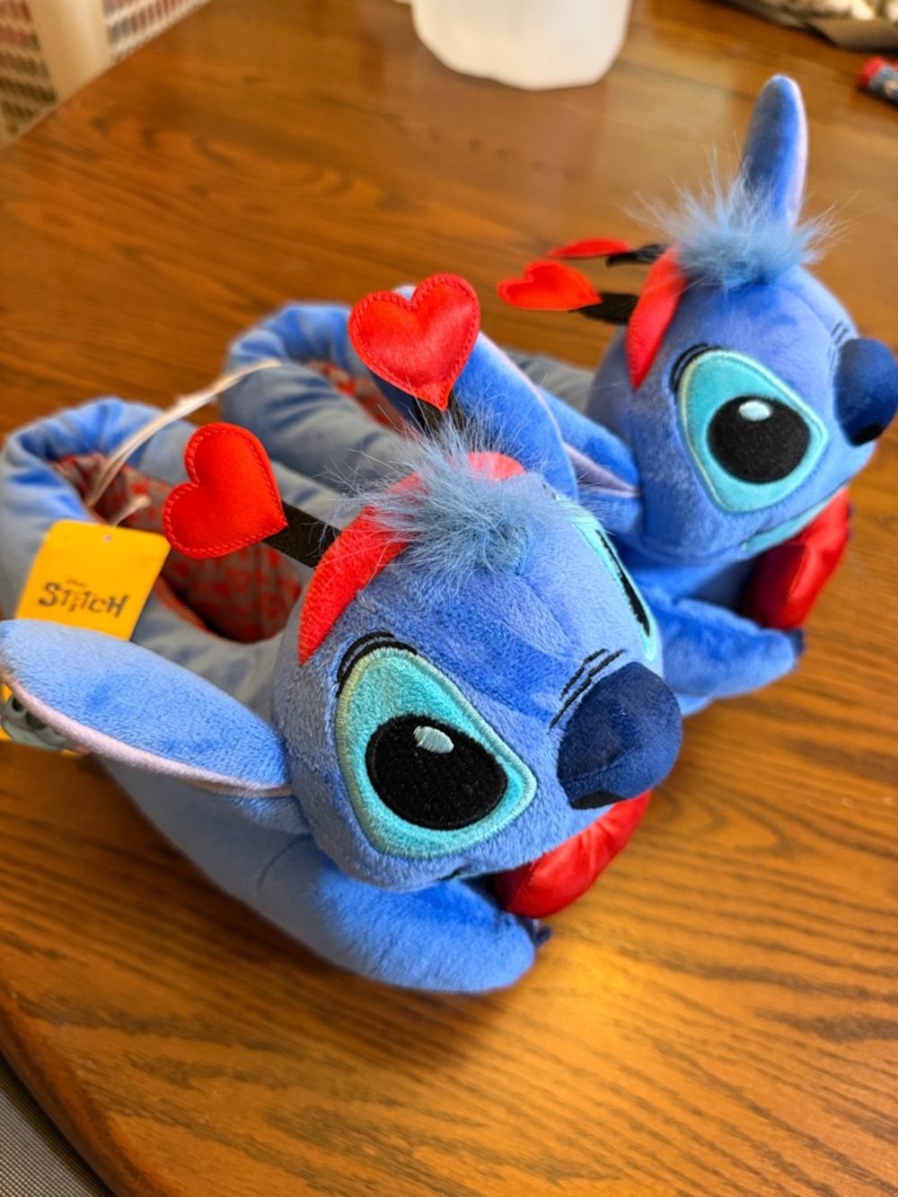 Disney Blue Stitch Plush Slippers with Red Heart Accents